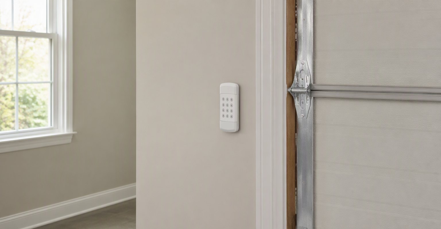 Wireless keypad mounted beside a garage door