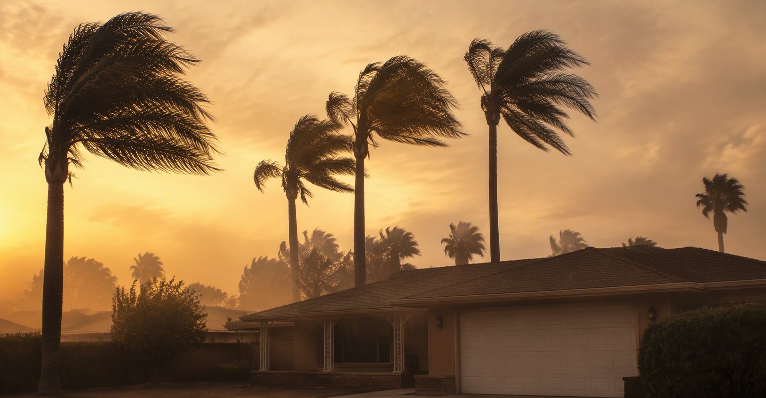 Palm trees bending in warm wind at dusk