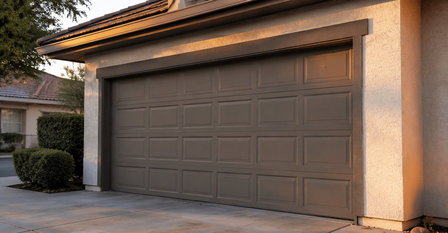 Closed garage door sitting slightly crooked at dawn